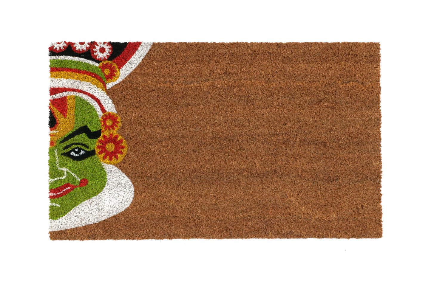 A rectangular coir doormat with a traditional Onam festival design featuring a kathakali character's face in green, red, and white.