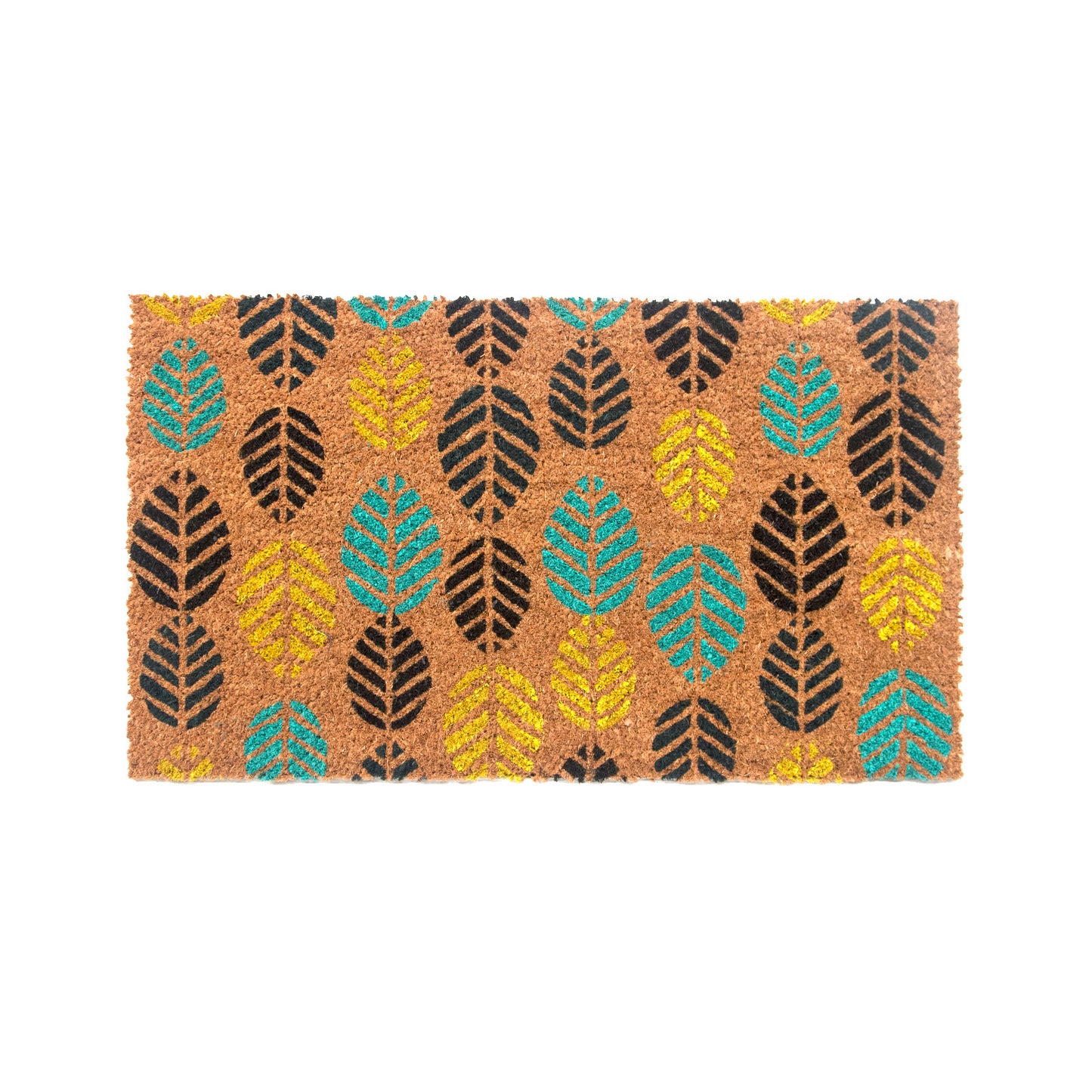 A rectangular natural coir floor mat with a colorful leaf design printed on it.