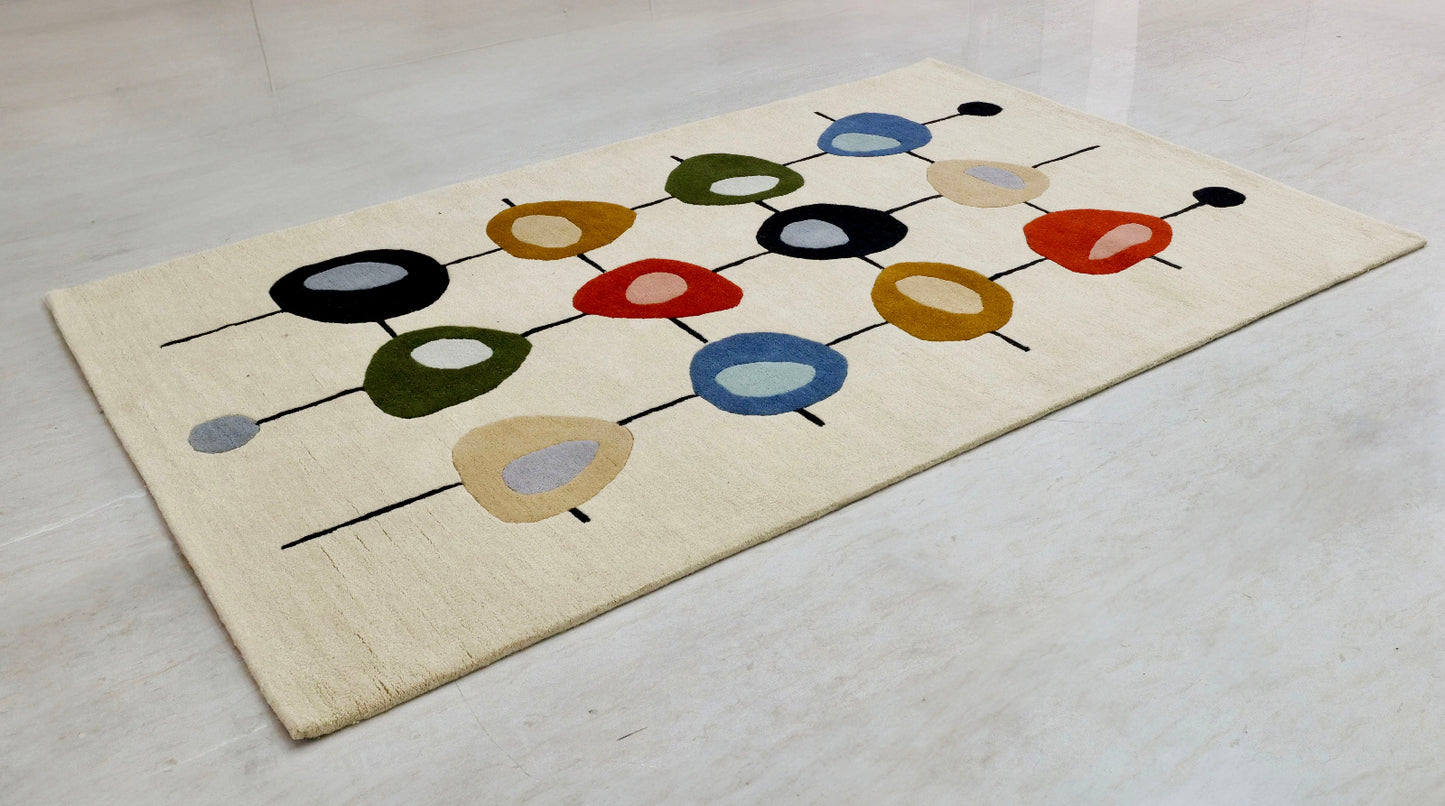 Decorative rug with colorful abstract design on a plain background