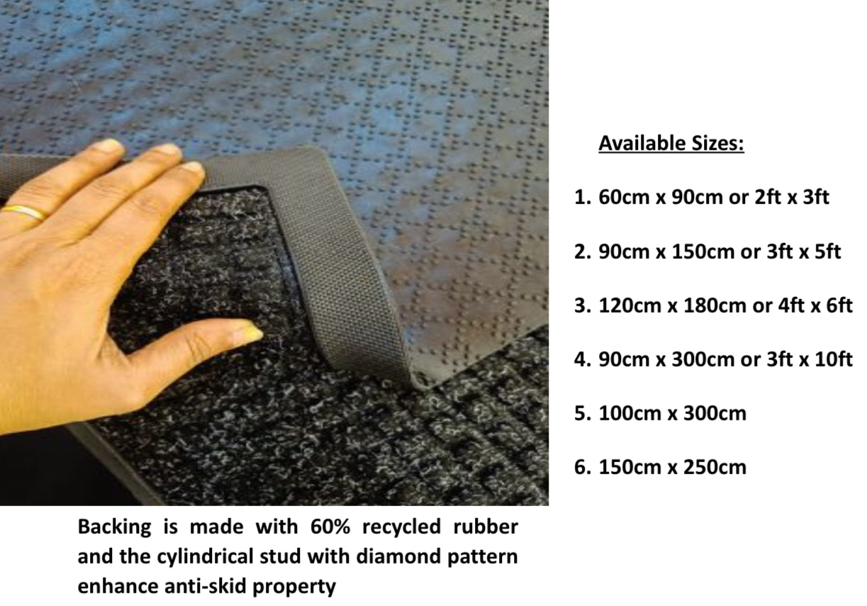 Hand holding a carpet sample with size options and recycled rubber backing details.