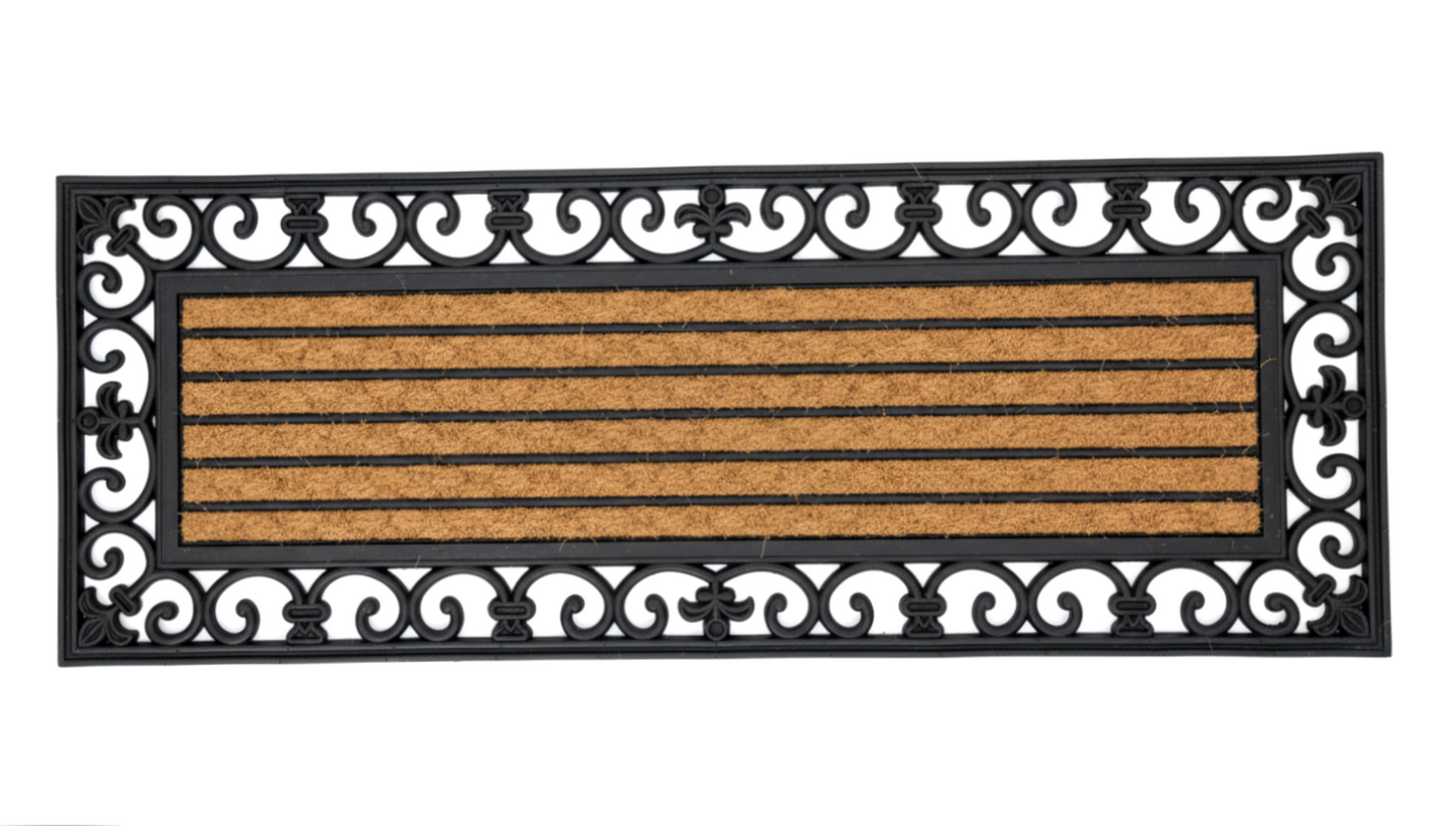 Decorative coir and rubber doormat with black border and white patterns on a white background