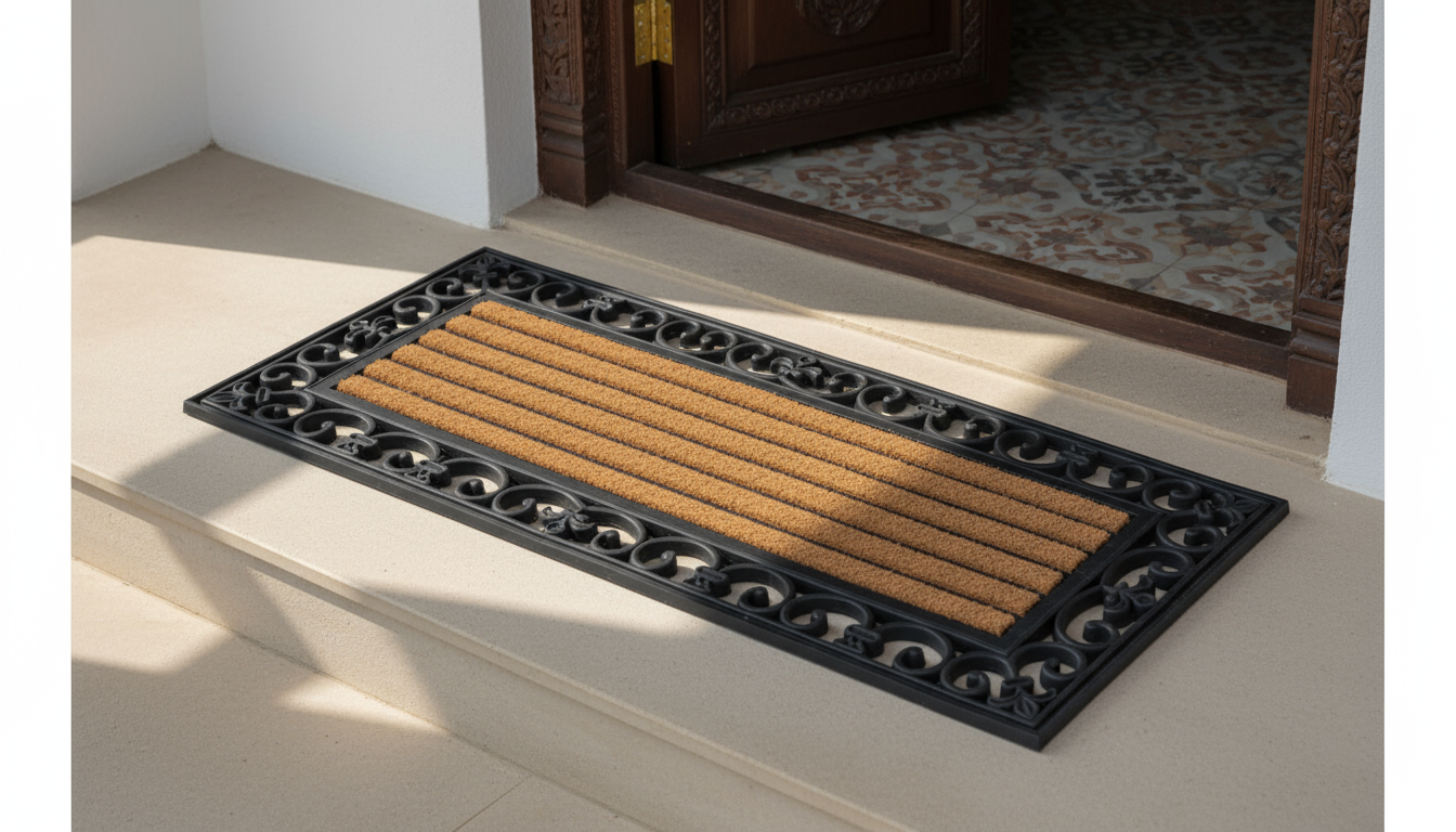 Doormat with decorative border on a light-colored floor