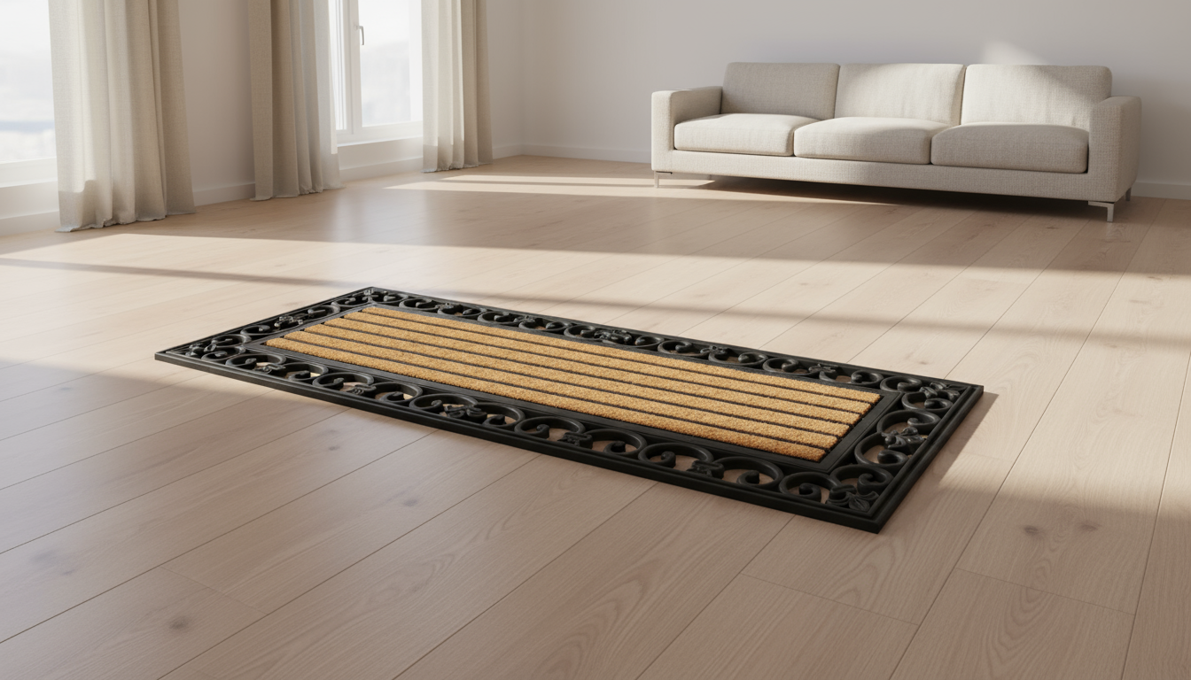 Decorative rug with geometric pattern on a wooden floor in a modern living room.