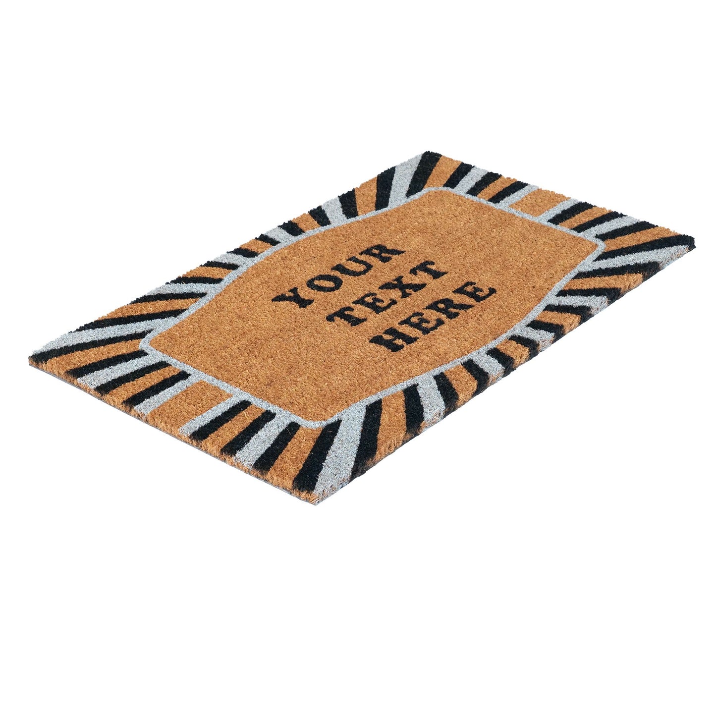 Customizable Coir Doormat with Personalized Text and Decorative Sunburst Border