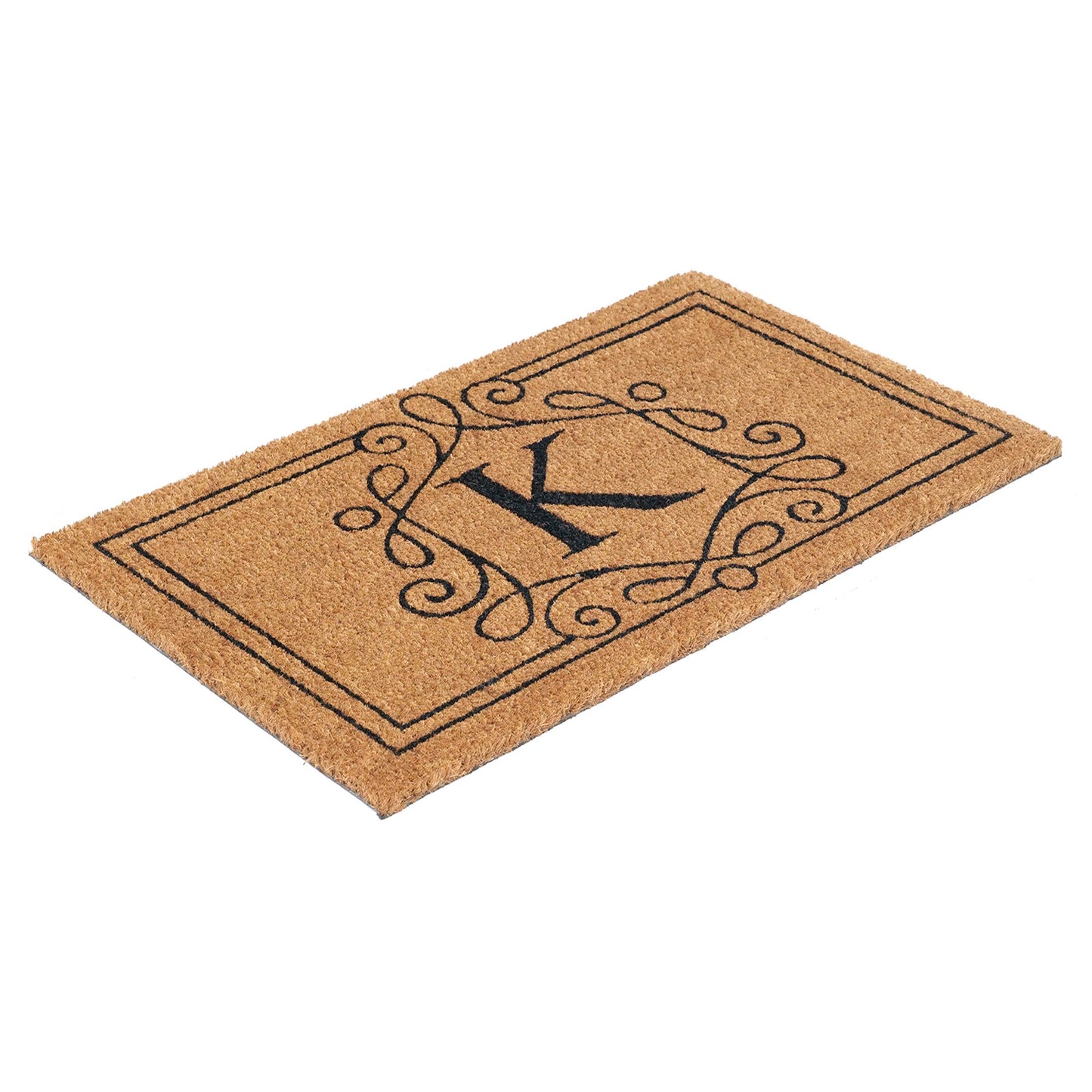 Monogrammed coir doormat featuring initial and swirl accents
