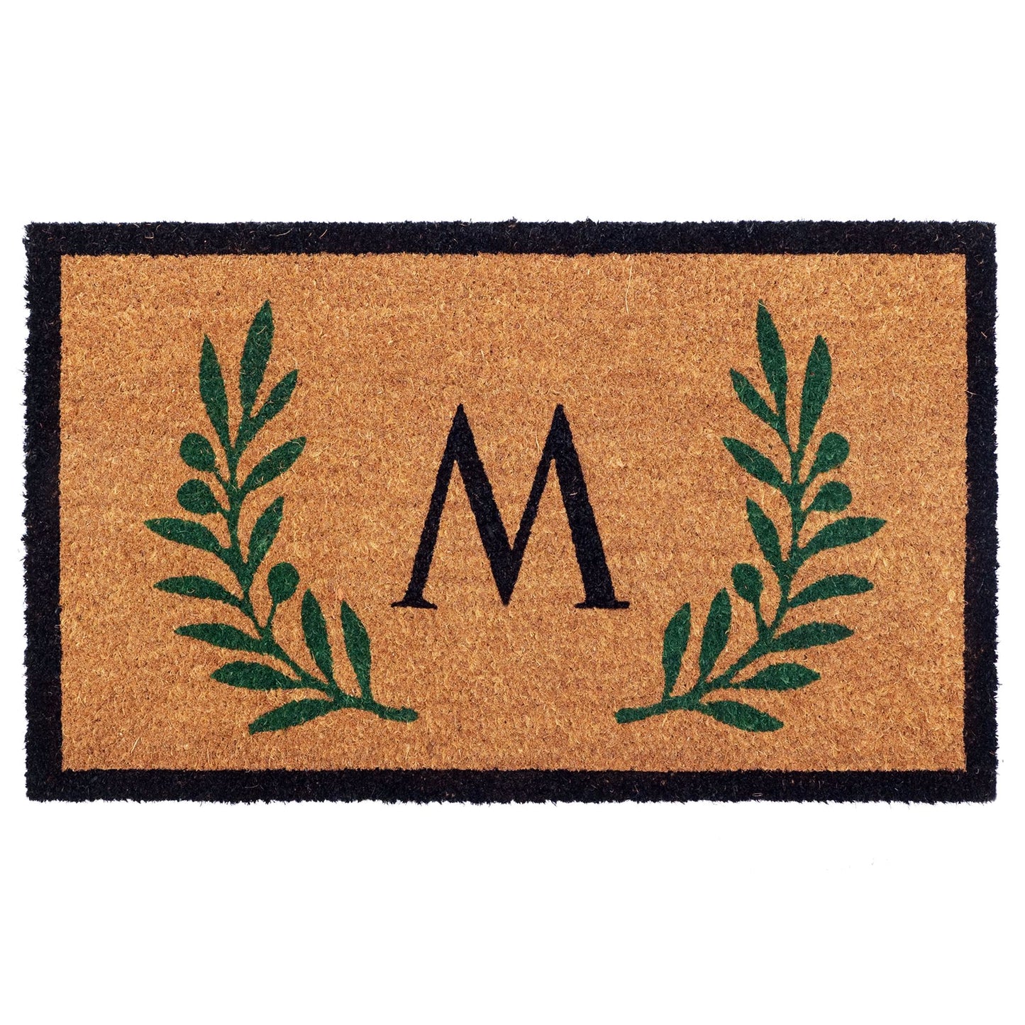 Customizable entryway doormat with green leaf detail and initial
