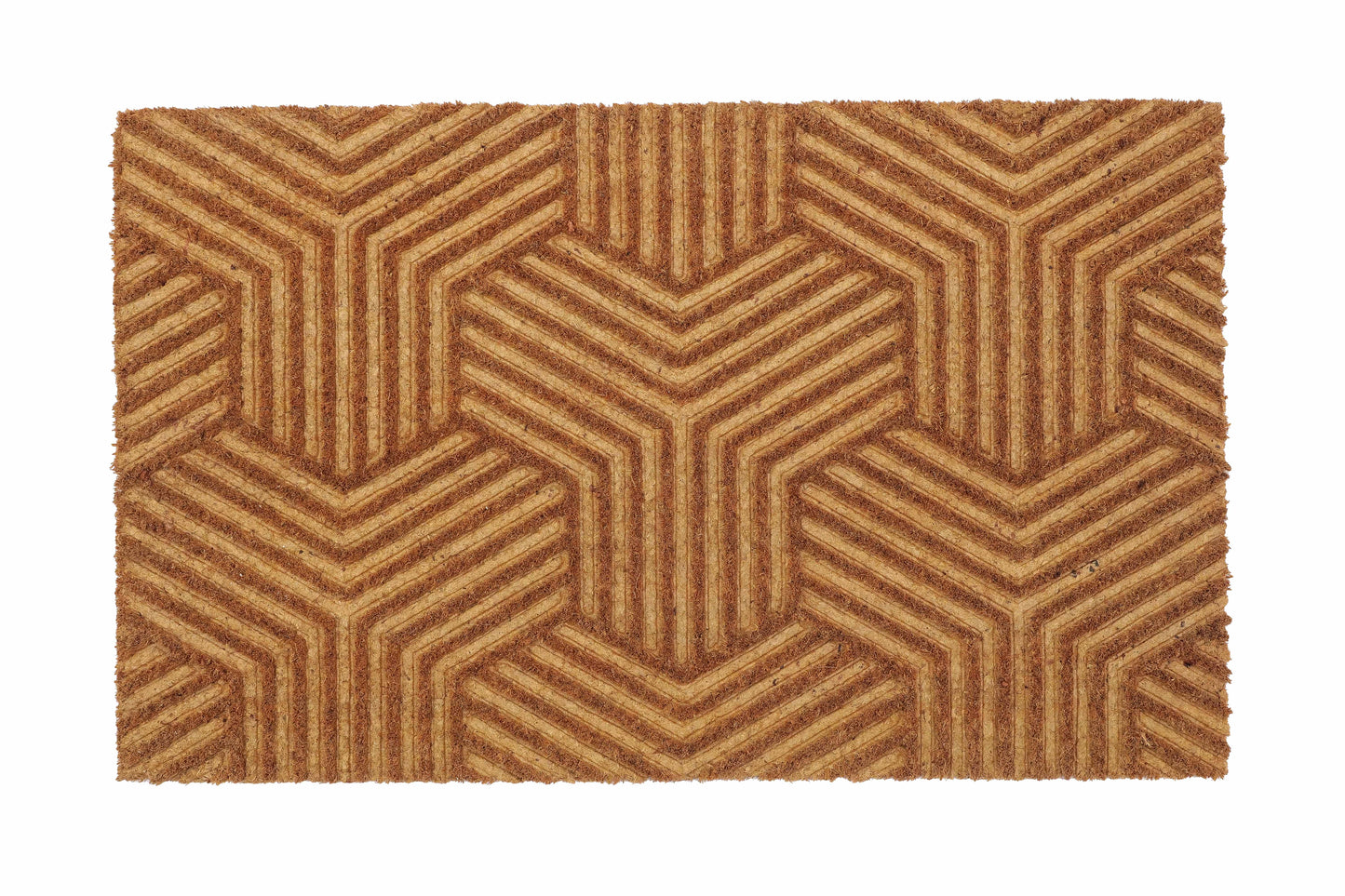 A rectangular beige anti-skid impression design mat with a geometric pattern, suitable for use in a kitchen or as a doormat.