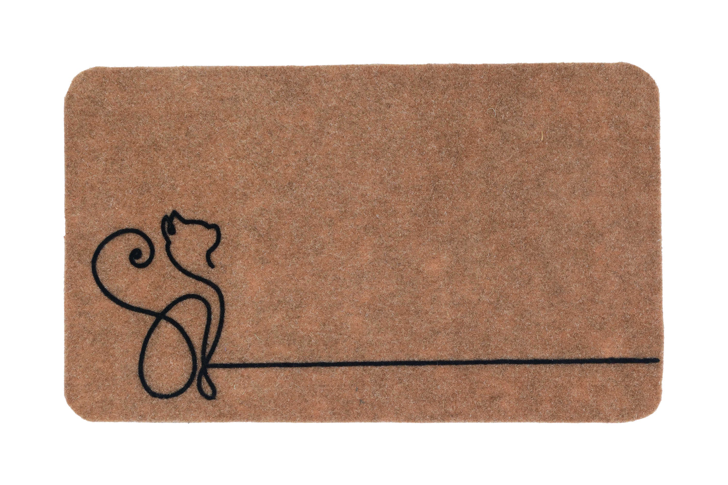 A beige rectangular mat with a doodle-style cat design in the center, on a white background.