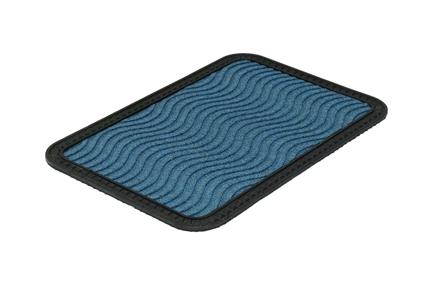 A rectangular blue bath mat with a textured pattern and black edging.