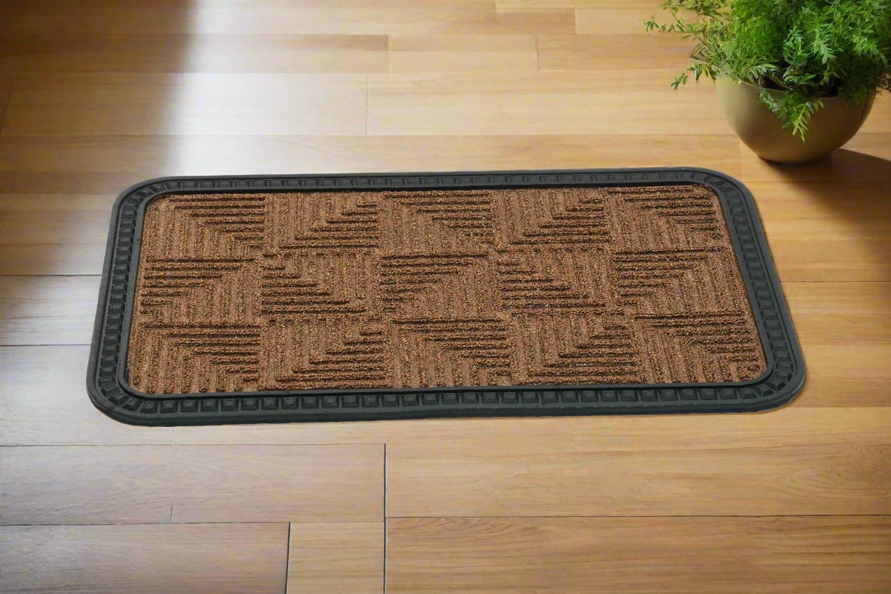 A beige colored rectangular Mat with an anti-slip surface, placed on a wooden floor.
