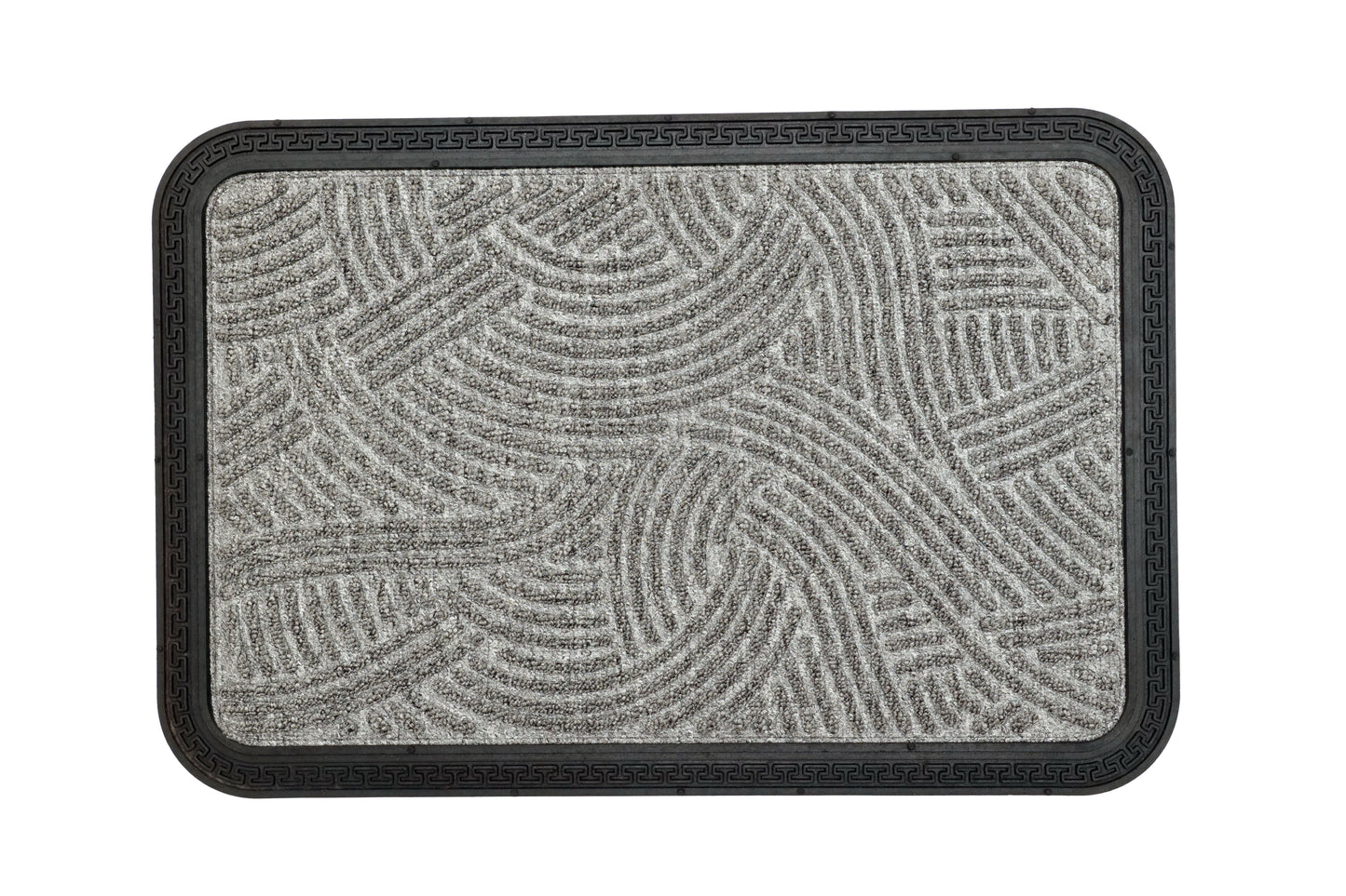 A rectangular grey bath mat with an abstract geometric pattern and a solid grey border.