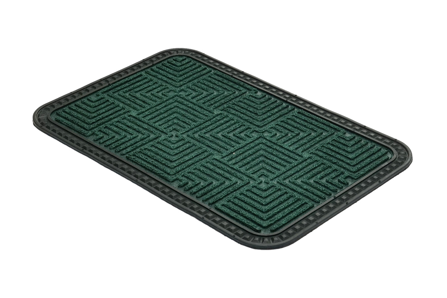 Green and black doormat with geometric pattern on a white background