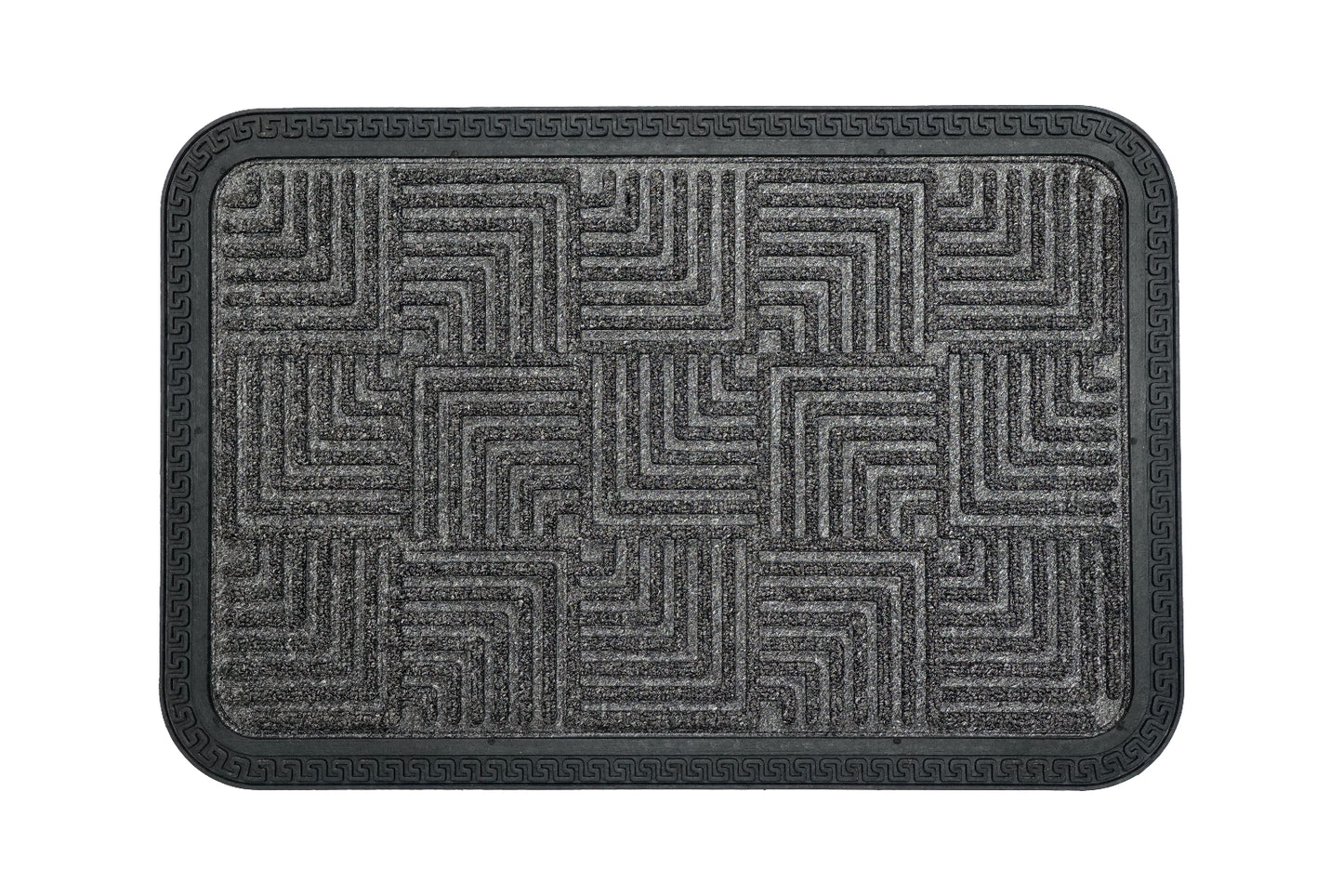 Gray doormat with a geometric pattern on a white background
