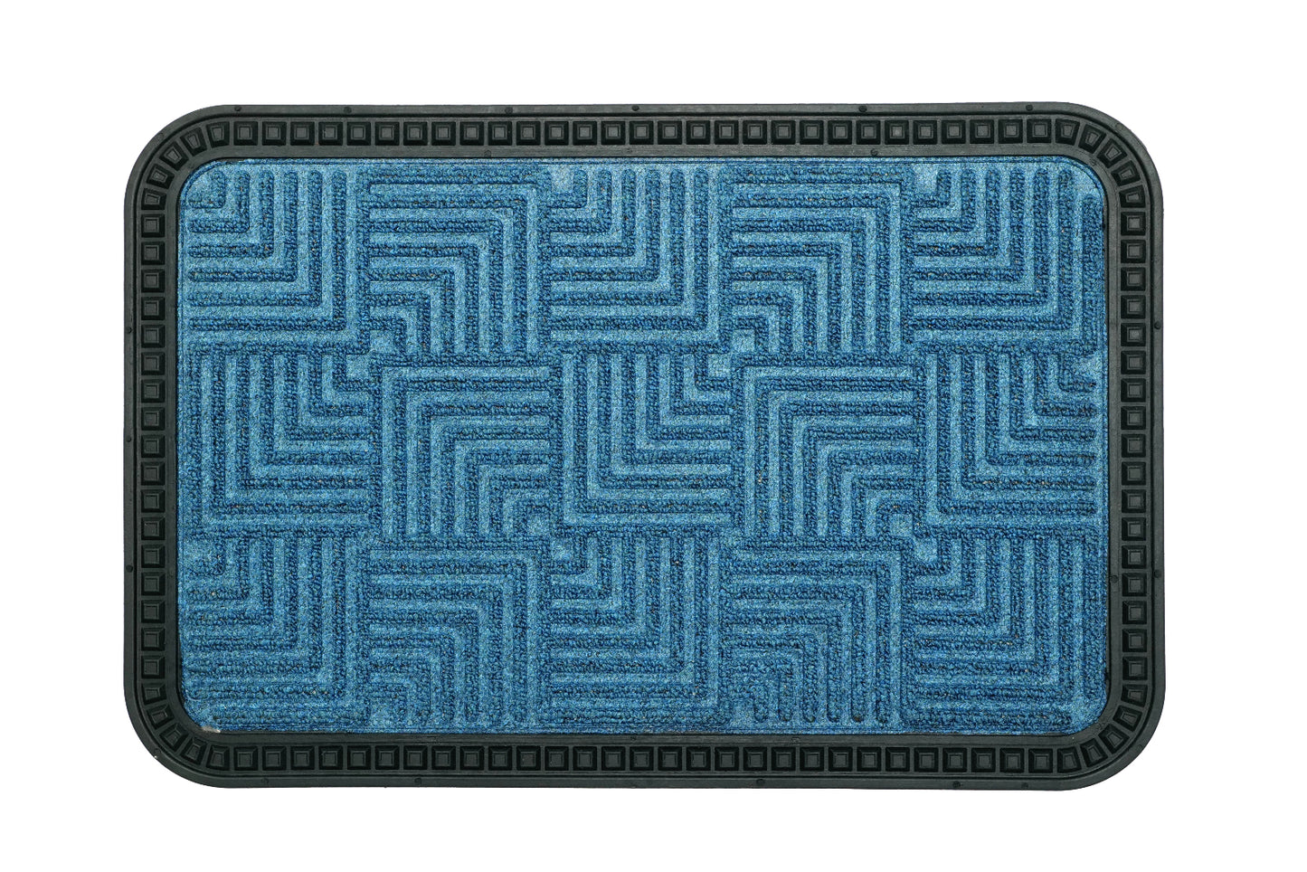 A blue rectangular bath mat with a geometric step design border and a textured center, laid on a white background.