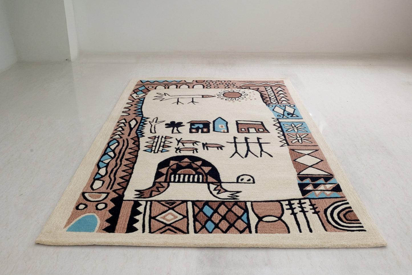 A hand-tufted bamboo silk rug with a modern geometric art design, displayed on a white background.