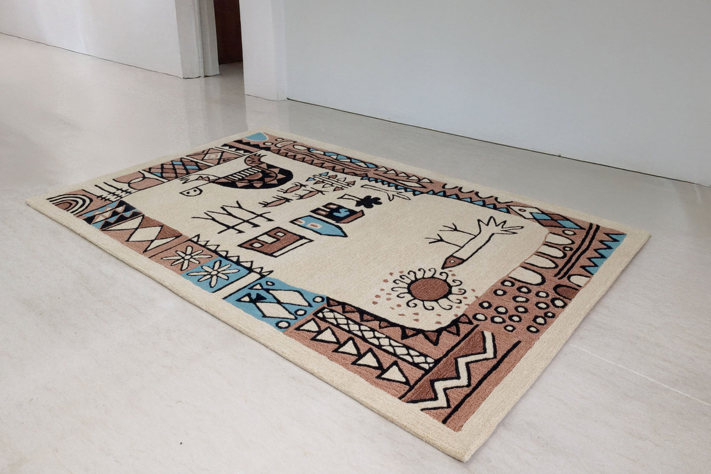 Decorative rug with geometric patterns on a light wooden floor.