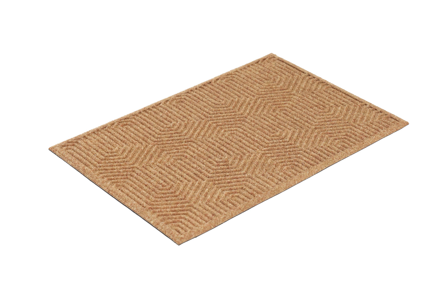 Beige doormat with a textured pattern on a white background