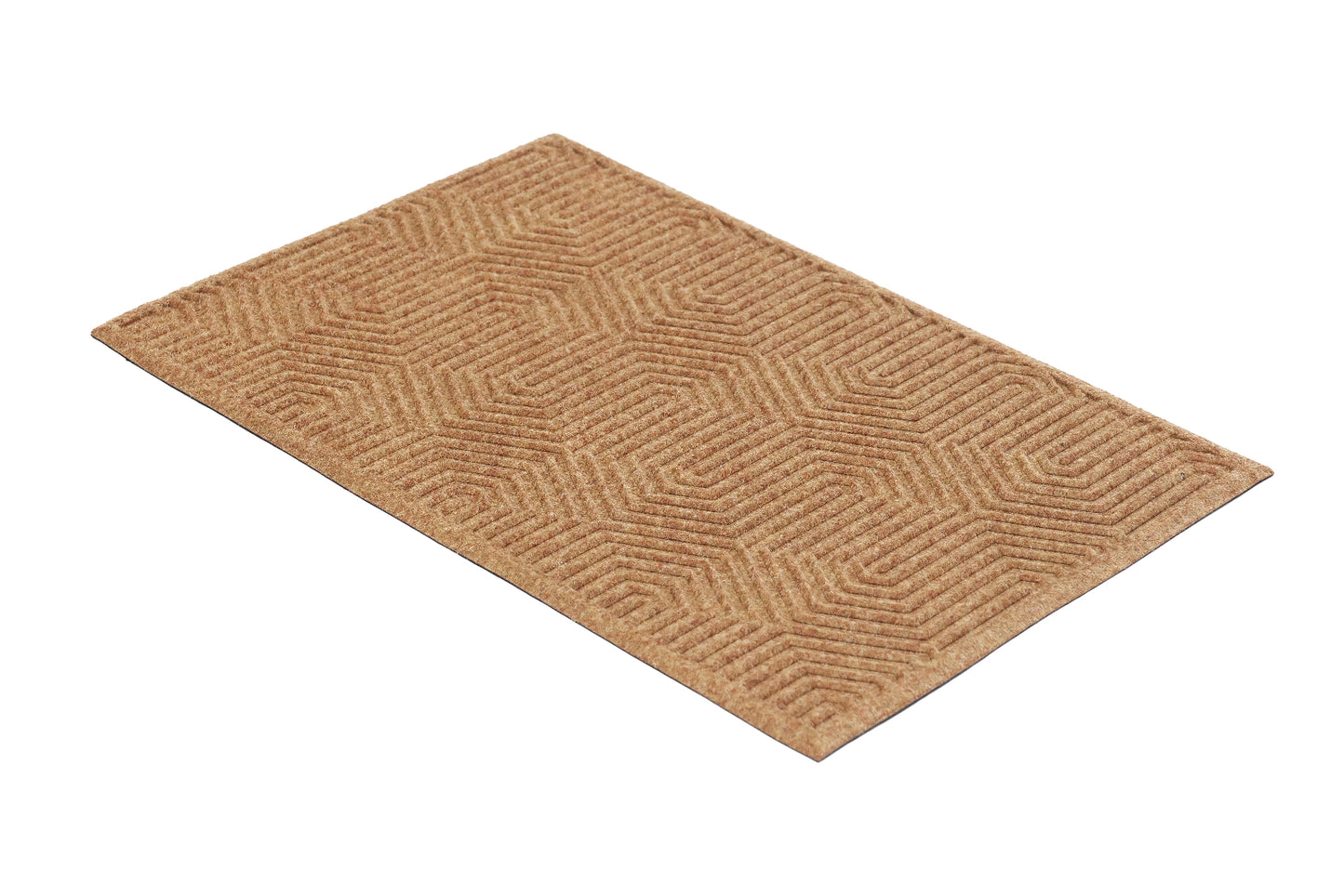 Beige doormat with geometric pattern on white background