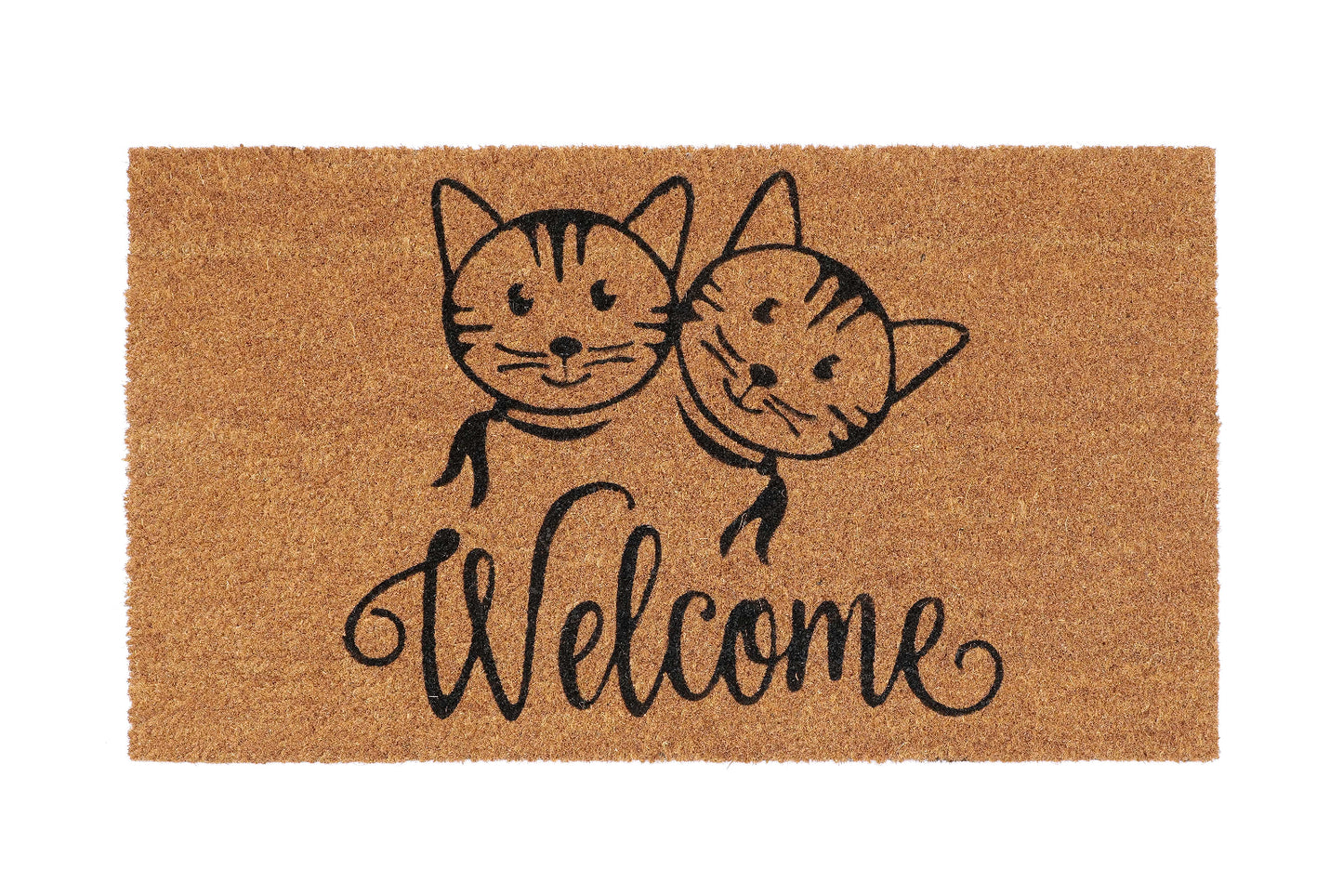 Doormat with cat illustration and 'Welcome' text on a white background