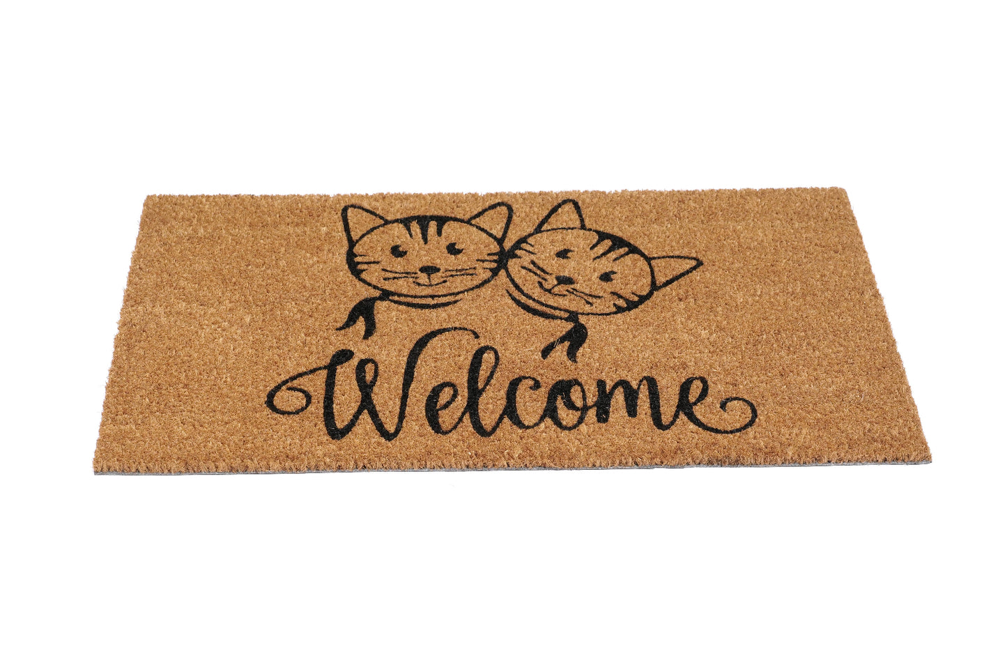 Doormat with cat design and 'Welcome' text on a white background