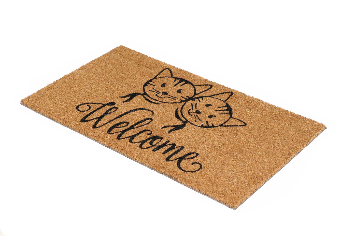 Doormat with 'Welcome' and cat illustrations on a white background