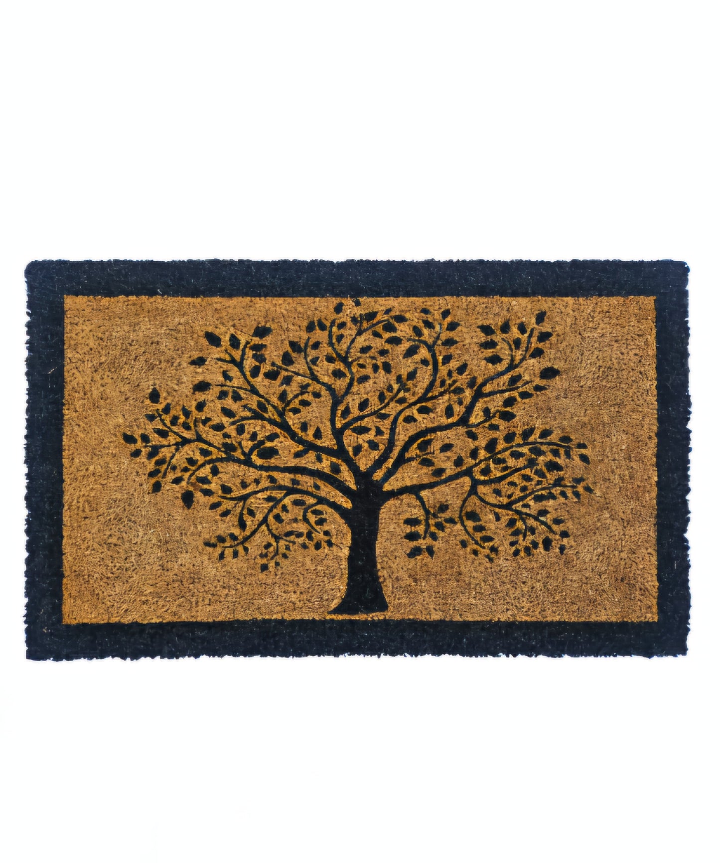 Rectangular natural coir doormat with a printed tree design in the centre