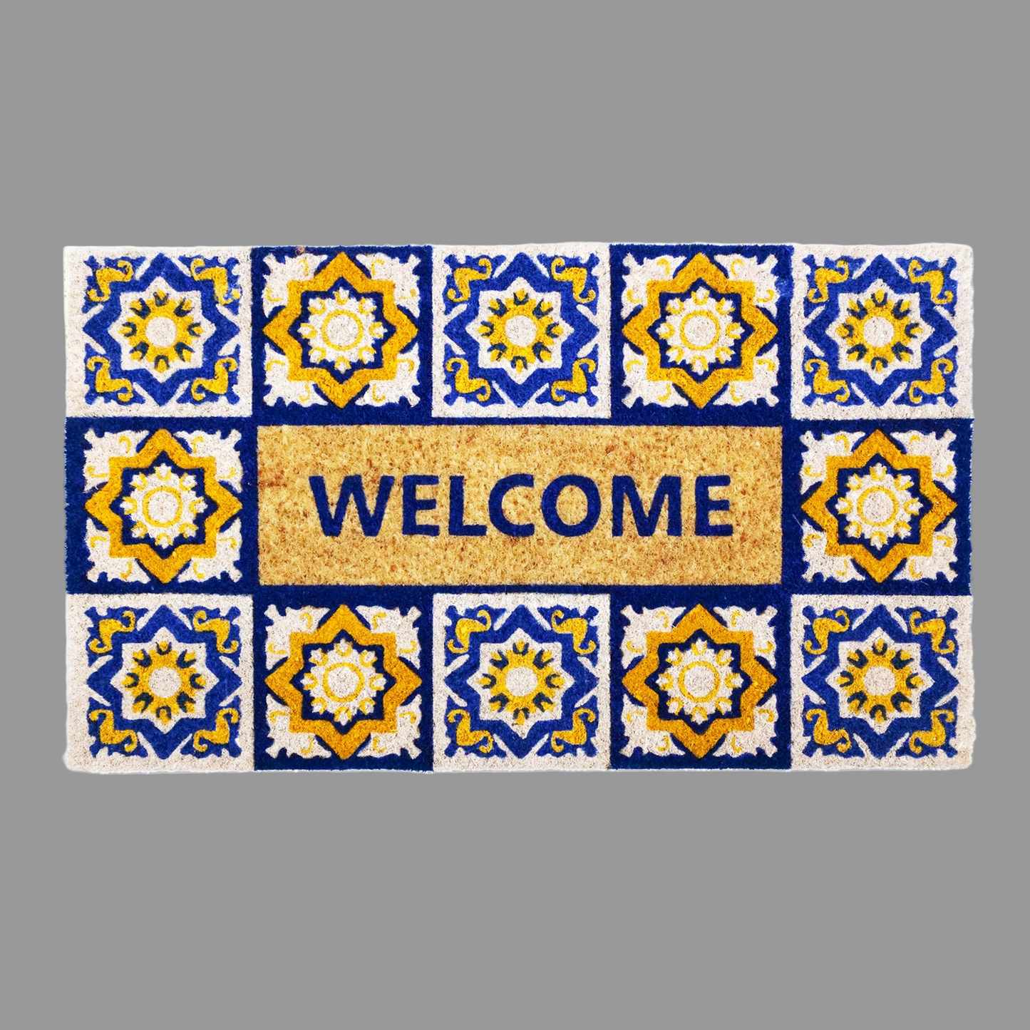Decorative doormat with blue and yellow patterns and the word 'WELCOME' on a gray background