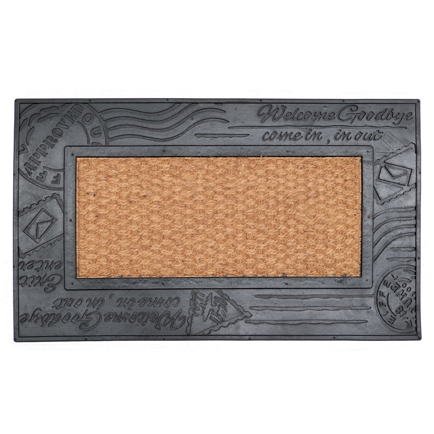 A rectangular natural coir door mat with a rubber postcard design, featuring a black border and embossed text.