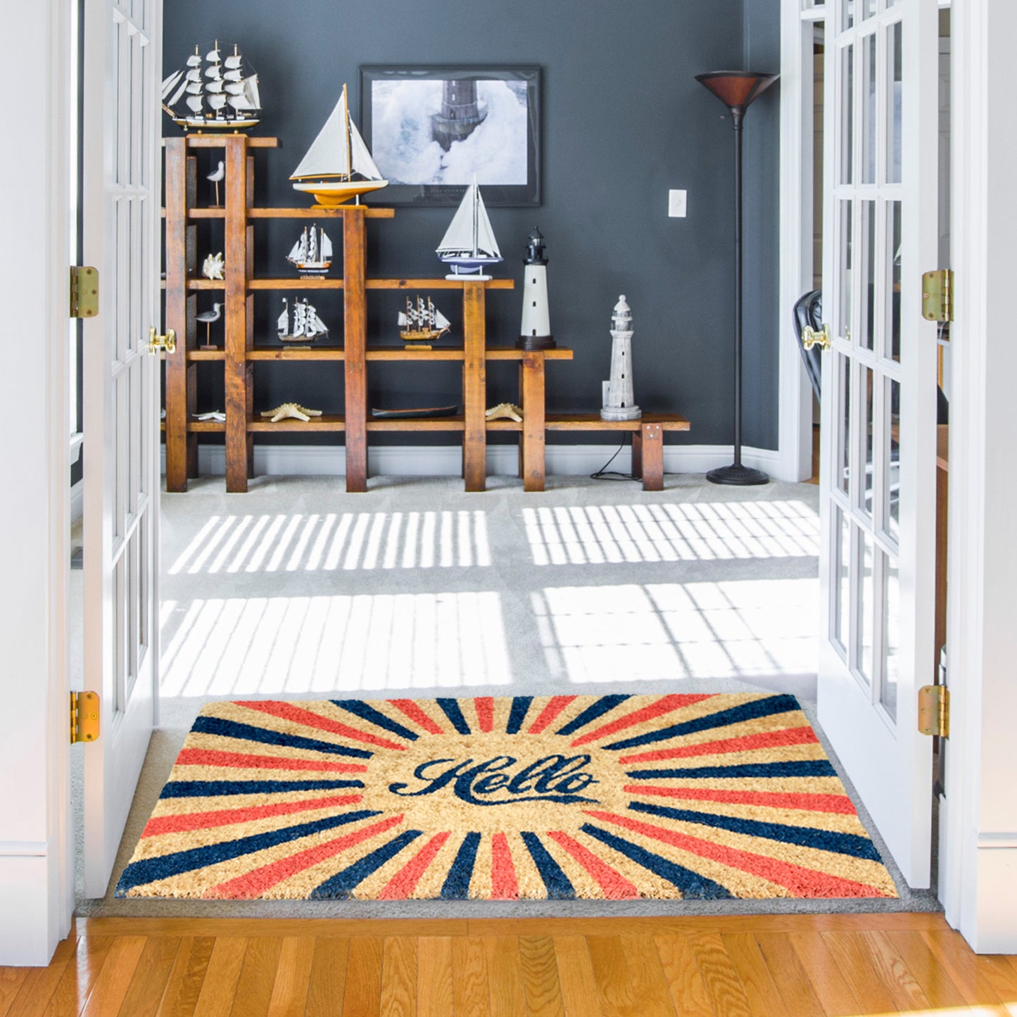 Colourful Retro "Hello" Printed Natural Coir Door Mat - OnlyMat