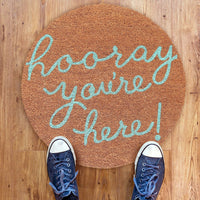 Funny "Hooray, You are Here" Printed Round Shape Natural Coir Floor Mat - OnlyMat