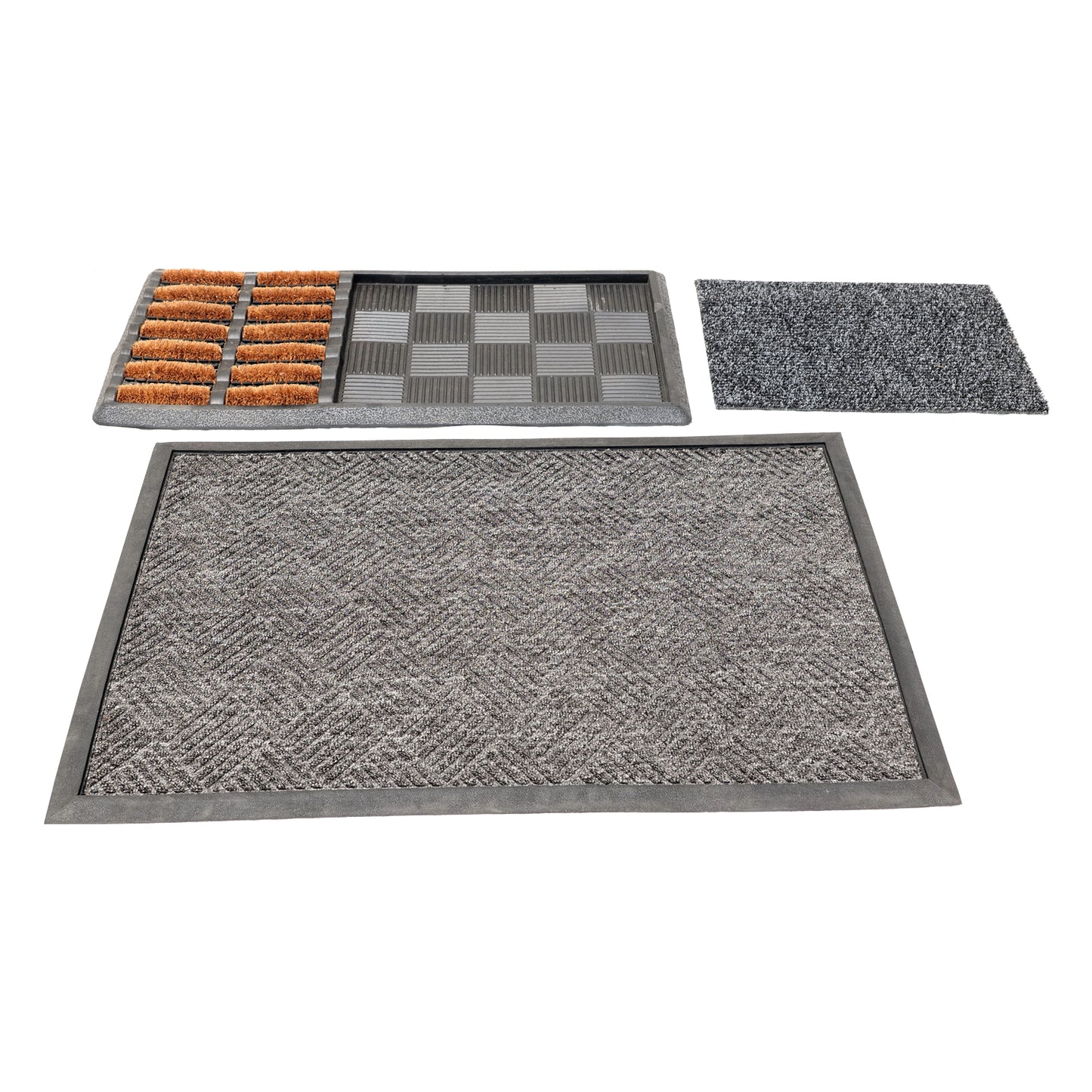 A set of three sanitising mats including a large grey mat with a coir brush, a medium-sized grey mat, and a small black mat, all with a checkered pattern on the surface and a polypropylene insert visible in the larger mat.
