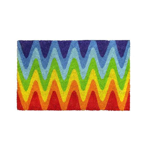 A rectangular coir mat with a multicolored geometric patterned design, featuring a wavy line pattern in various colors.