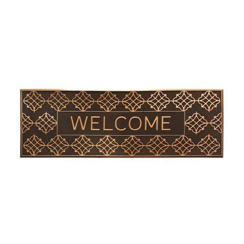 A rectangular, brown rubber door mat with a geometric pattern and the word 'WELCOME' in bold letters.