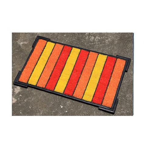 A colorful doormat with a coir insert, featuring a geometric pattern of red and yellow stripes on a black rubber tray.