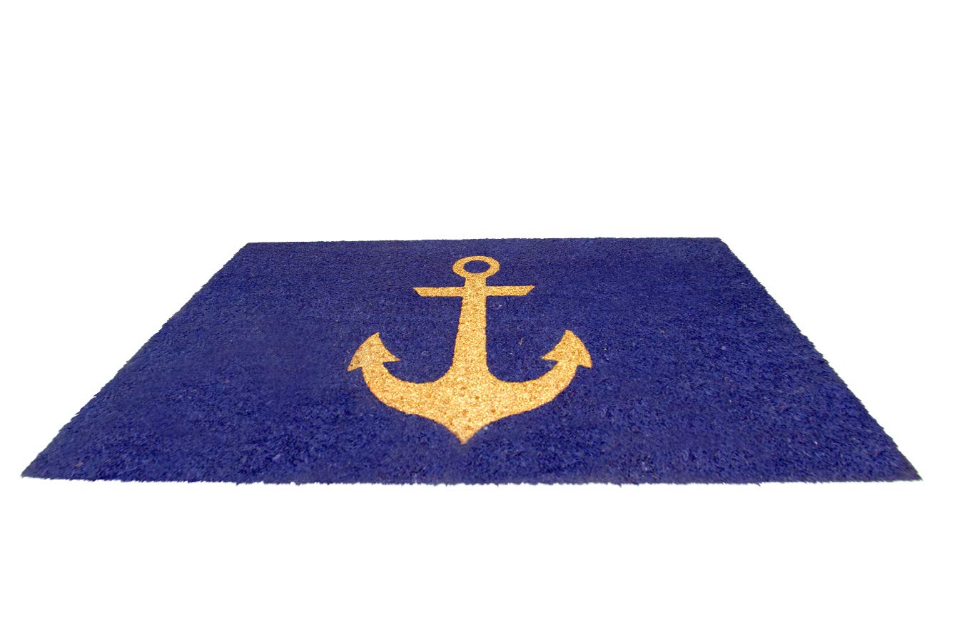 Elegant Golden Glitter Ship Anchor Printed Blue Natural Coir Floor Mat - OnlyMat