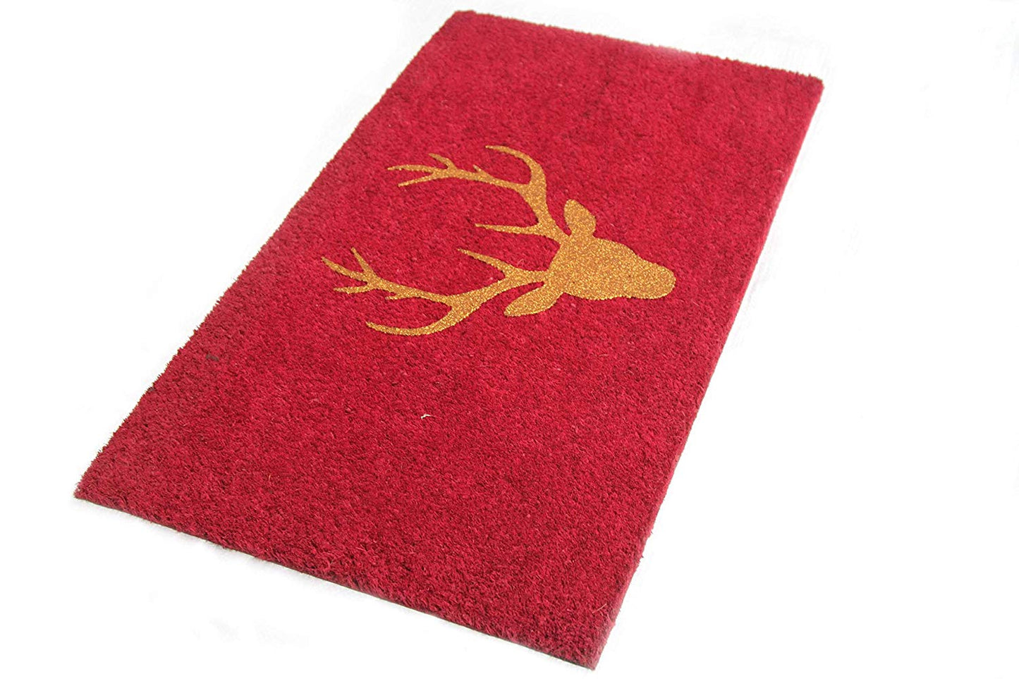 Stylish Glittering Golden Reindeer Head Printed Red Natural Coir Floor Mat - OnlyMat