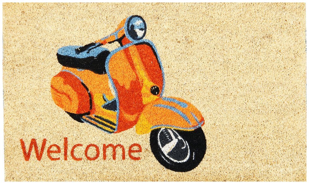 Rectangular coir doormat with a printed design of a red and white scooter and the word 'Welcome' on it.