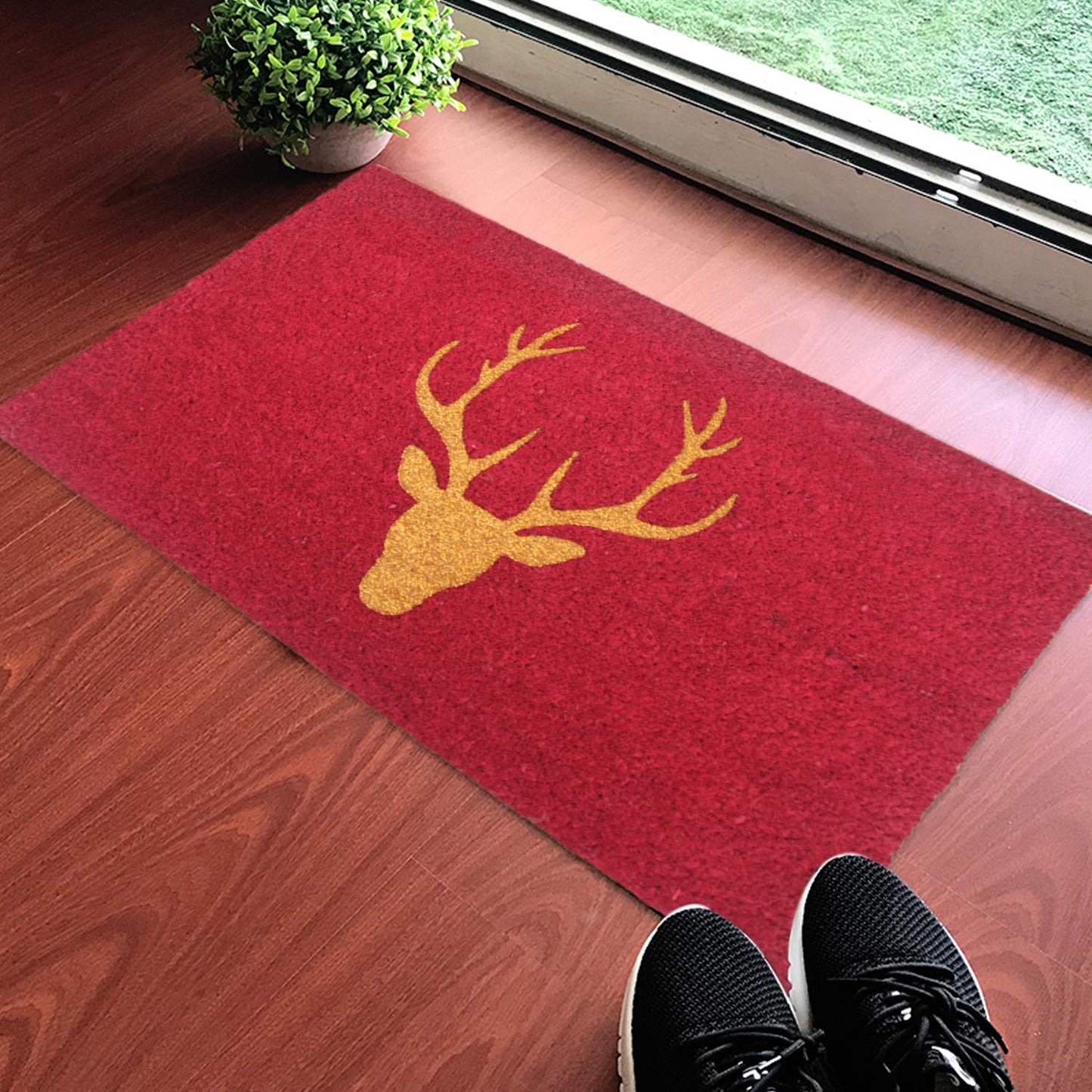 Glittering Golden Reindeer Head Printed Red Natural Coir Door Mat
