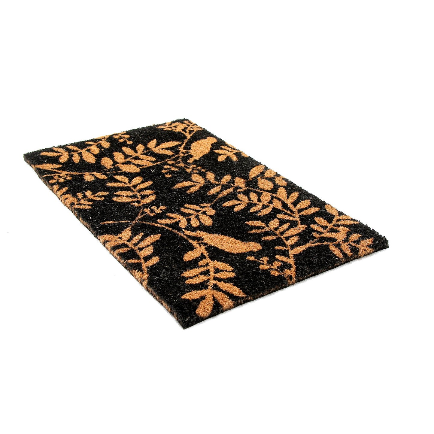Elegant Leaf & Bird Design Printed Black Natural Door Floor Mat - OnlyMat