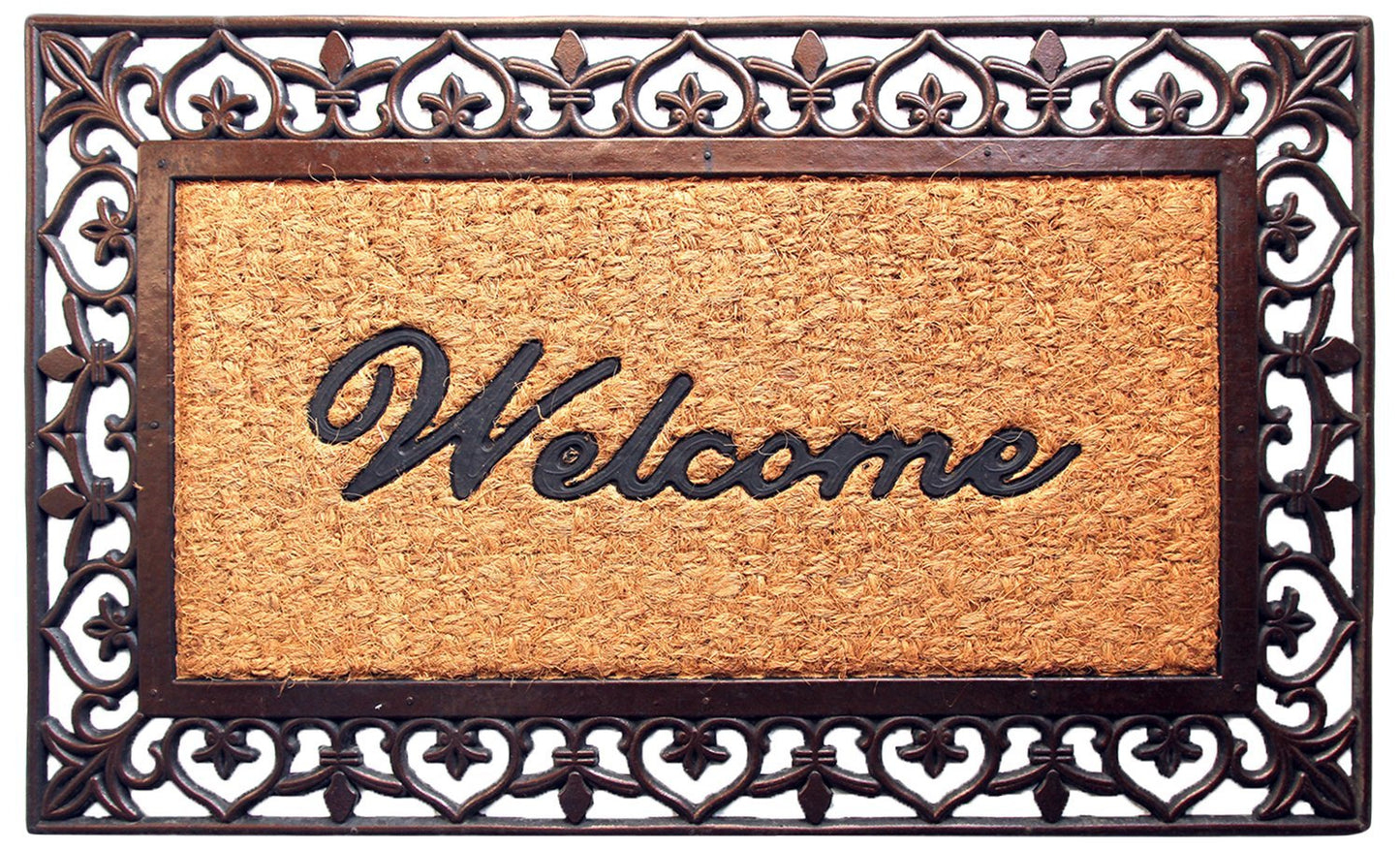 A rectangular doormat with a coir texture in beige color, molded into shape with a decorative rubber edge, and the word 'WELCOME' printed in bold on the beige background with a heart-shaped cut-out in the center.
