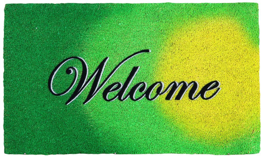 A rectangular coir doormat with a lime green background and the word 'Welcome' printed in green and yellow.