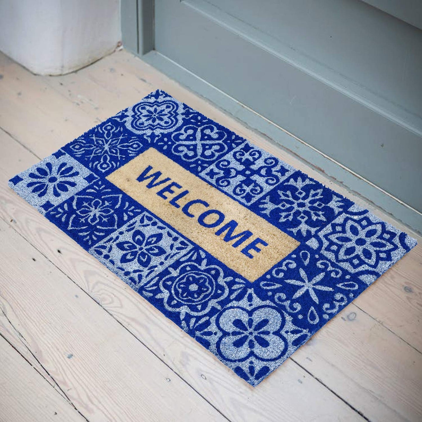 Welcome, Printed Blue Colour Natural Coir Entrance Door Mat - OnlyMat