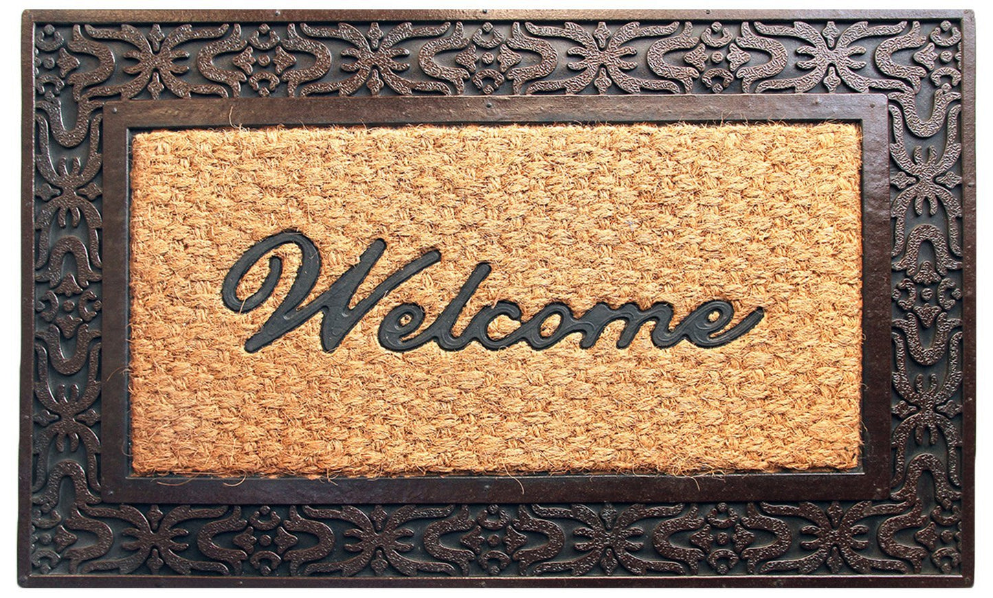 A brown rectangular doormat with an embossed geometric pattern and the word 'WELCOME' in bold black letters.
