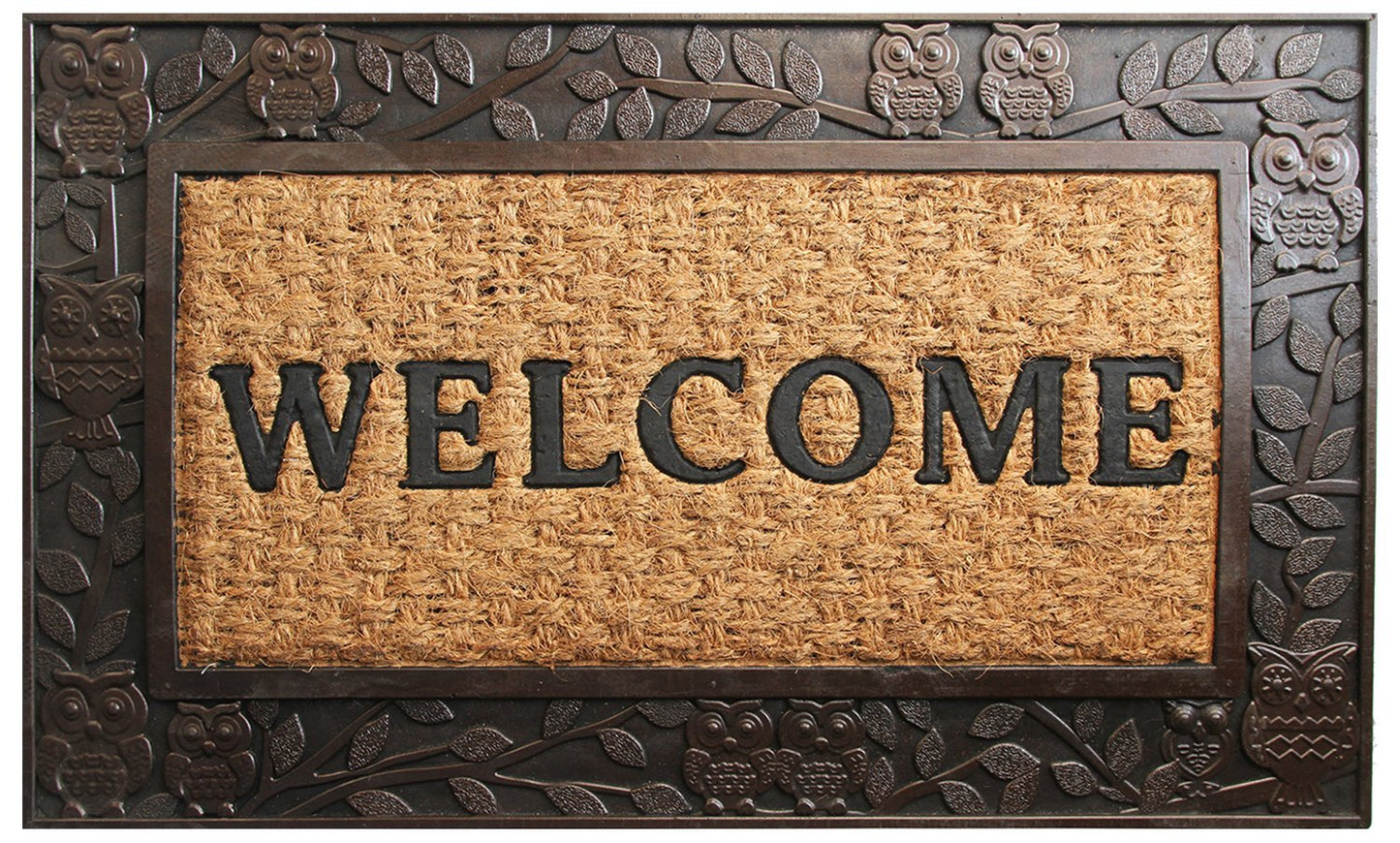 A rectangular doormat with an owl and leaf design, primarily in brown colour, with the word 'WELCOME' prominently displayed in bold letters.