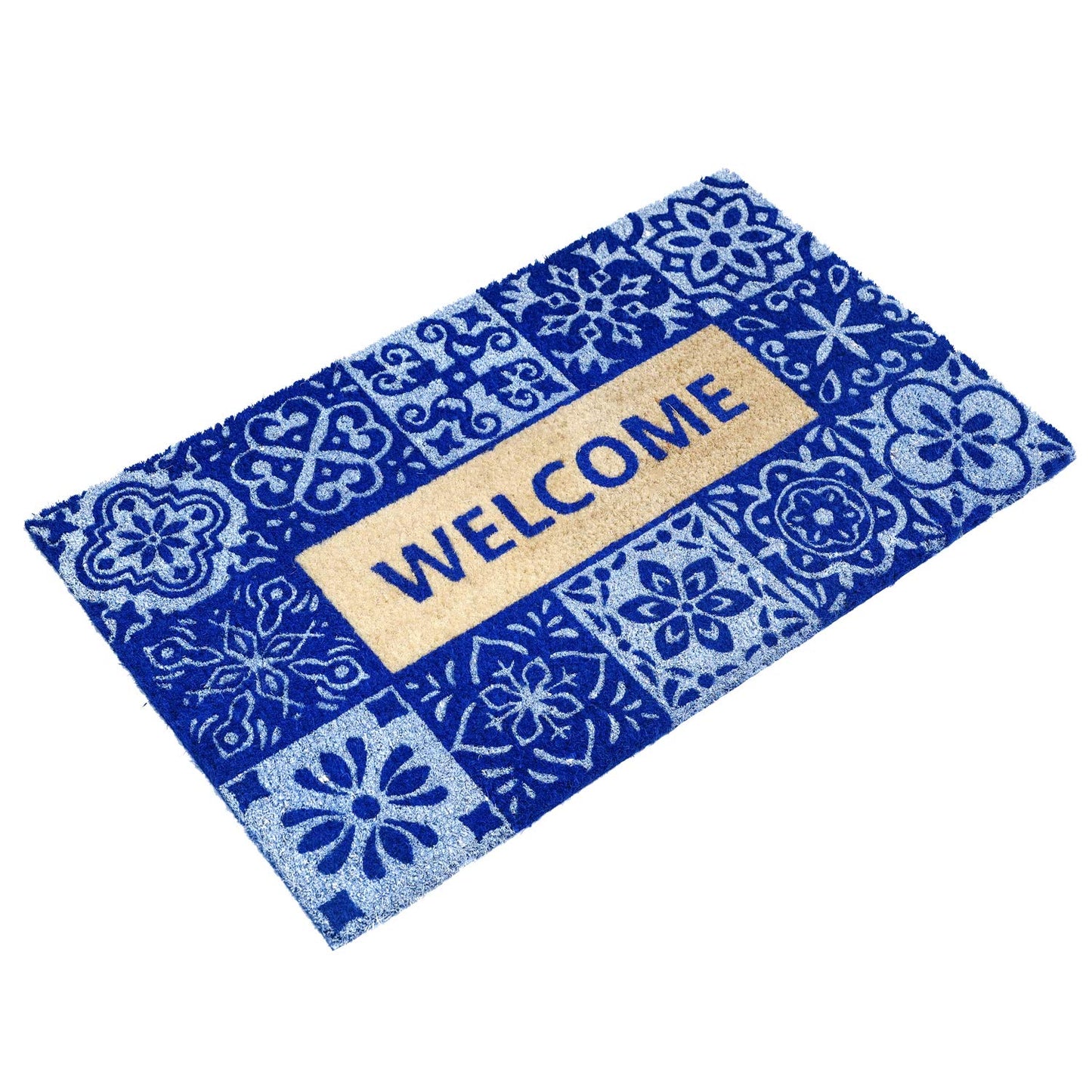 Welcome Printed Blue Colour Natural Coir Entrance Door Mat - OnlyMat