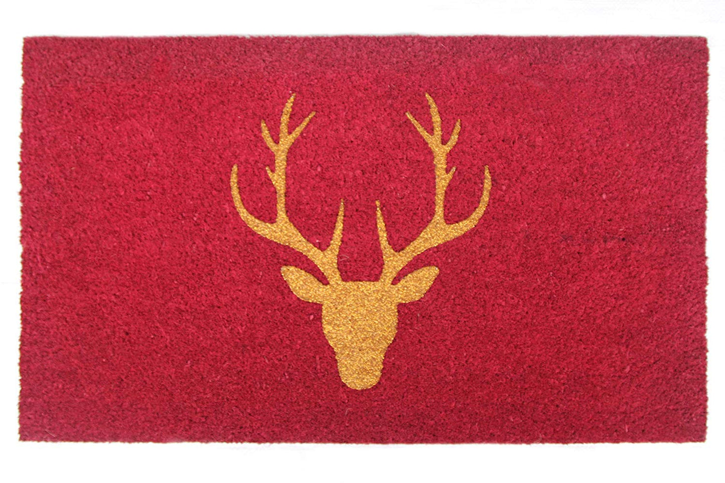 Stylish Glittering Golden Reindeer Head Printed Red Natural Coir Floor Mat - OnlyMat