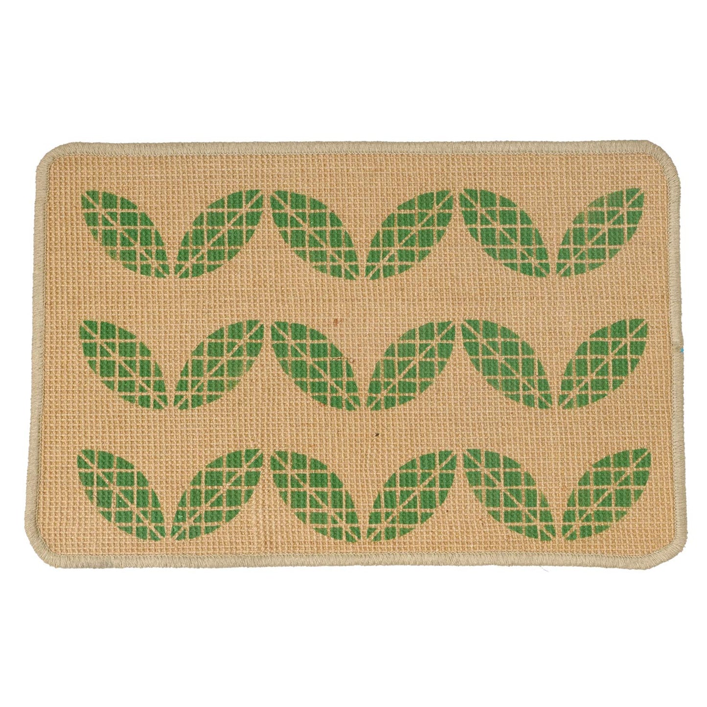 A rectangular natural jute floor mat with a green leaf pattern and a beige border.