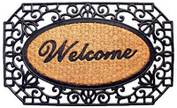 Elegant Oval Shaped "Welcome" Printed Natural Coir Mat With Large Black Moulded Rubber Border - OnlyMat