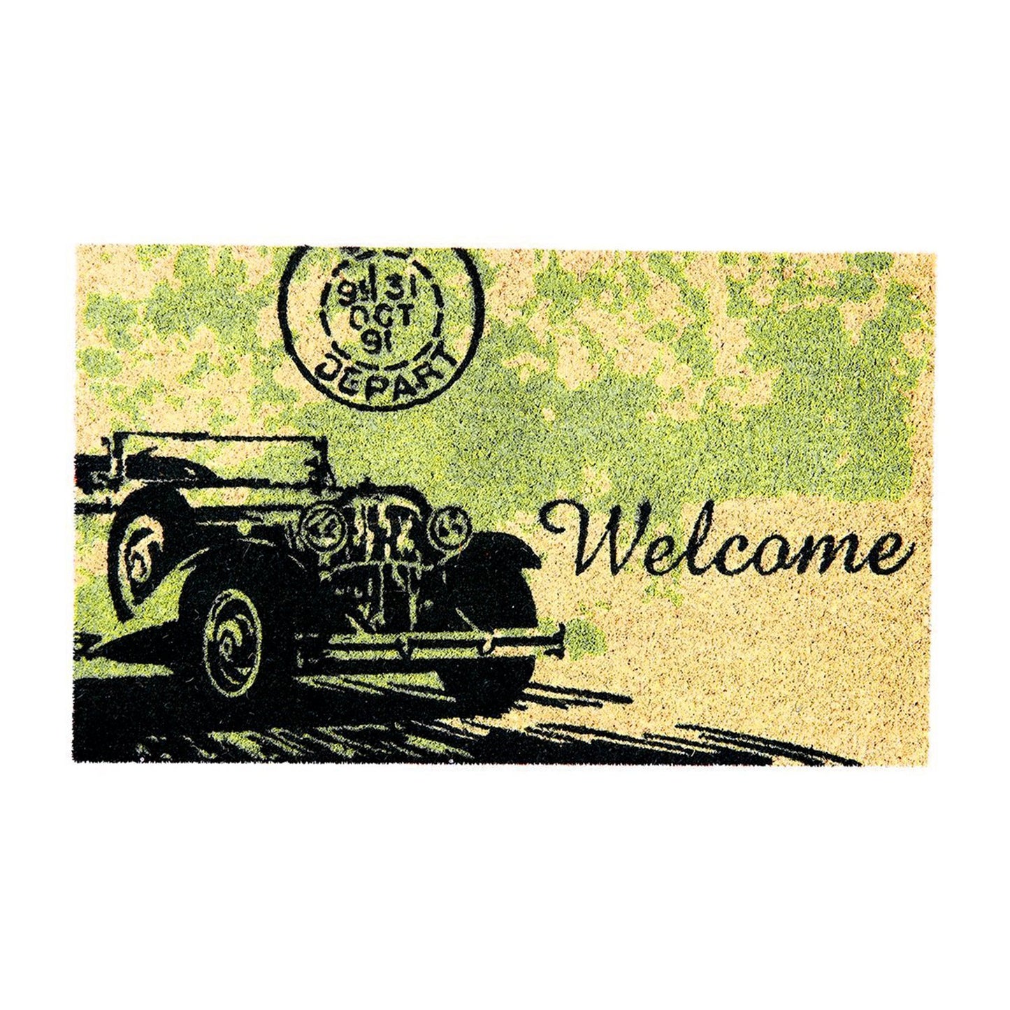 Rectangular natural coir doormat with a vintage car print and the words  'WELCOME' on it.