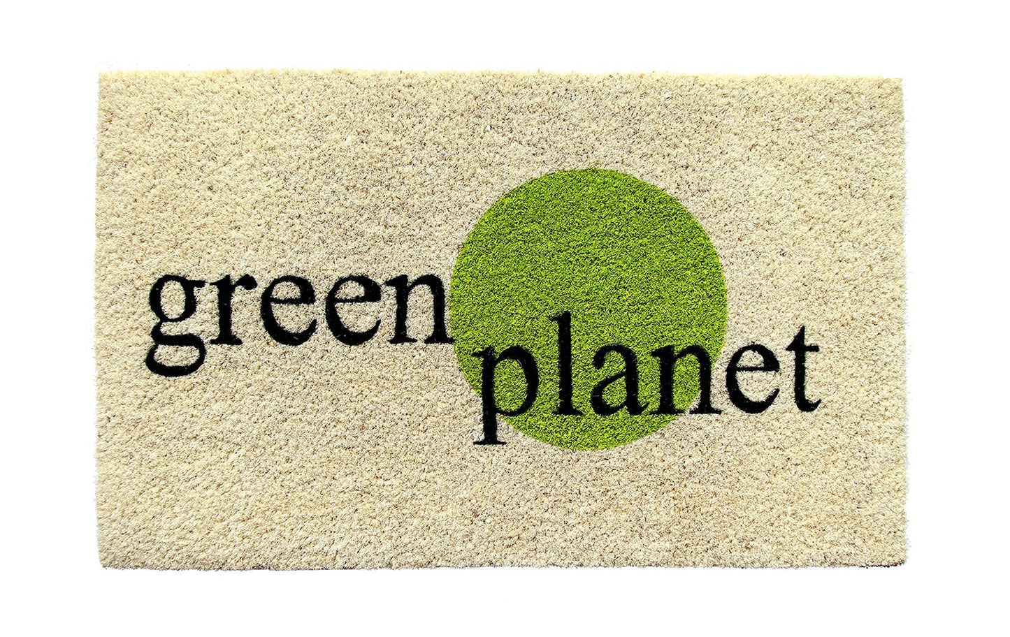 A rectangular natural coir anti-slip mat with the text 'Green Planet' printed in green and a green circle in the centre.
